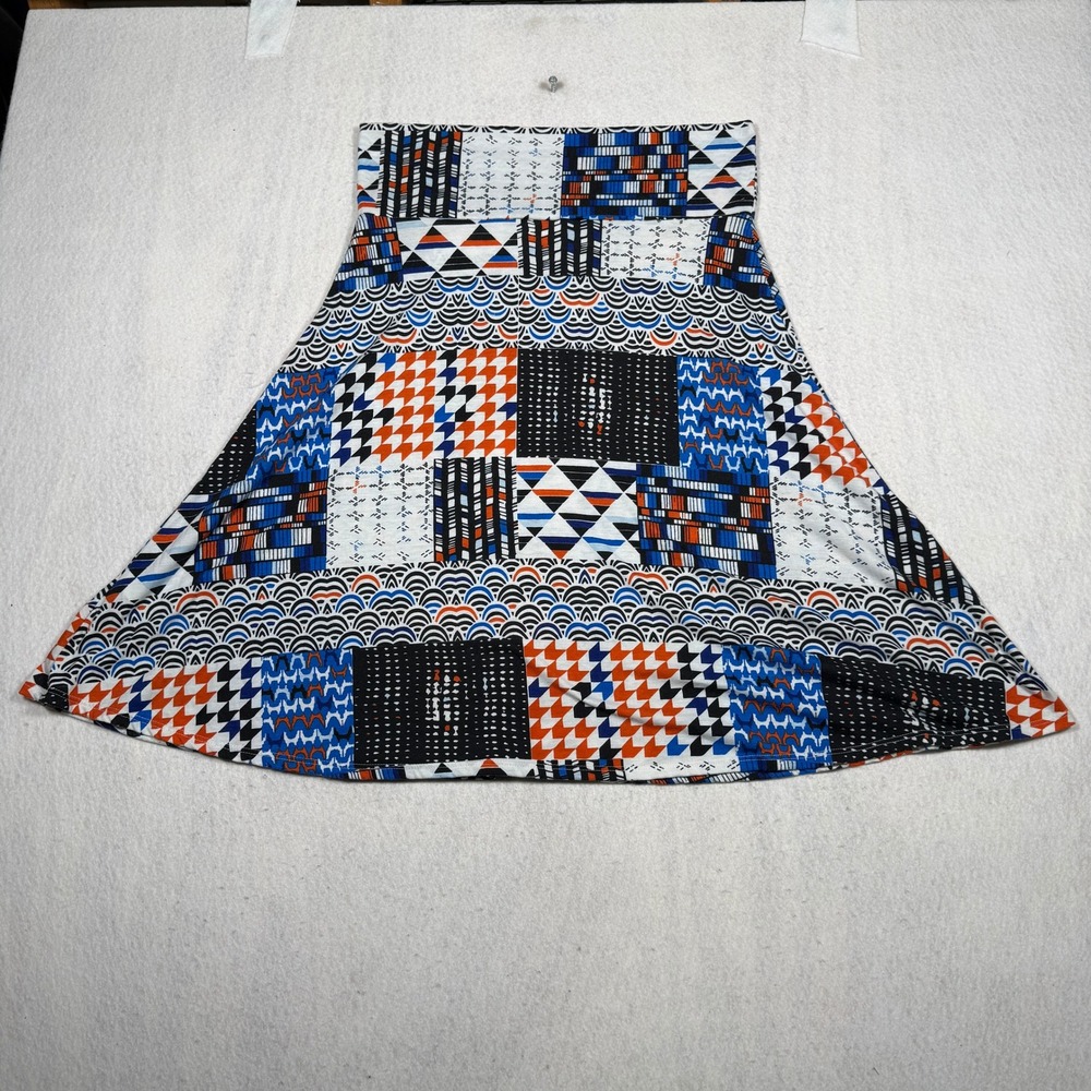 LuLaRoe XL Geometric Patchwork Print A-Line Skirt Yoga Waistband Blue Orange